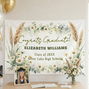 Boho Pampas Grass White Daisies Graduation Party Banner