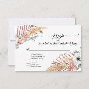 Boho Pampas Grass White Floral Tropical Palm RSVP Card