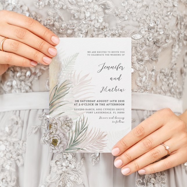 Boho Pampas Grass & White Floral Wedding  Invitation (Creator Uploaded)