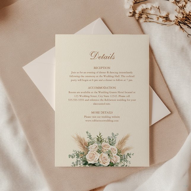 Boho Pampas Grass & White Rose Wedding Detail Card (Boho Pampas Grass & White Rose Wedding Detail Card with an envelope on an elegant table)