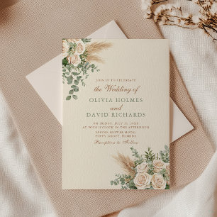 Boho Pampas Grass & White Rose Wedding Invitation