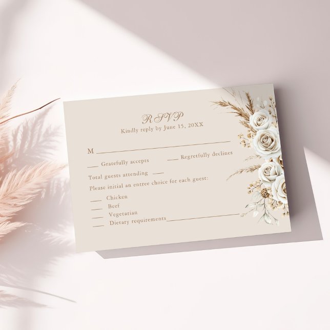Boho Pampas Grass & White Rose Wedding RSVP Card (Boho Pampas Grass & White Rose Wedding RSVP Card on a sunny table with neutral dry botanicals.)