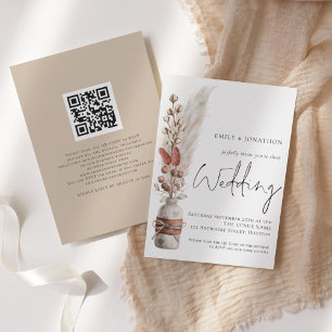 Boho Pampas Grasses QR Code Wedding Invitation