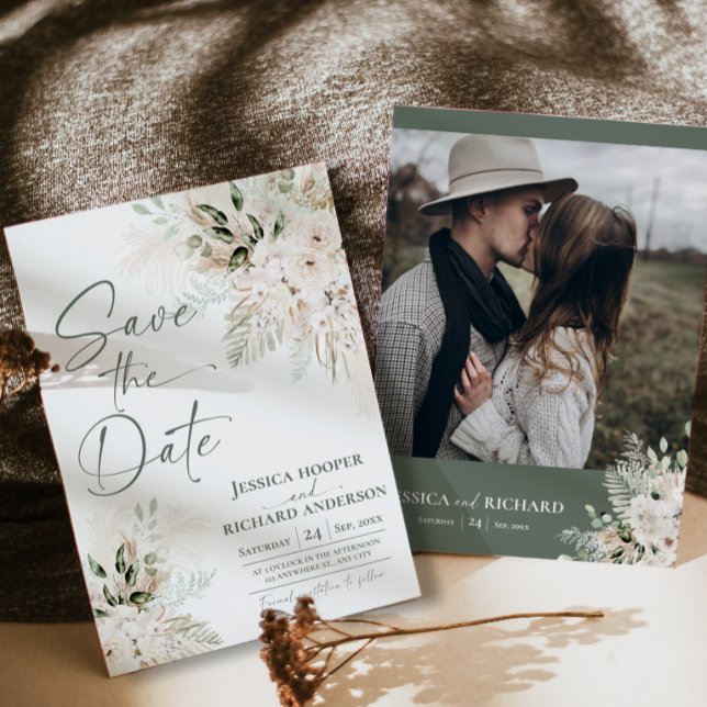 Boho Pampas Greenery Floral Save the Date Card (Boho Pampas Greenery Floral Save the Date Card (Double-sided))