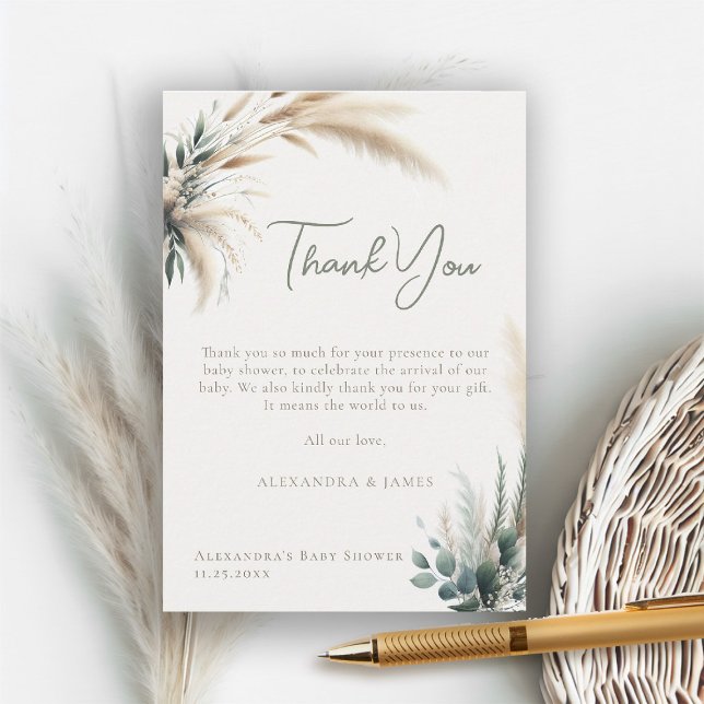 Boho Pampas Greenery Sage Calligraphy Baby Shower Thank You Card (boho baby shower thank you card pampas greenery watercolor sage green beige neutral)