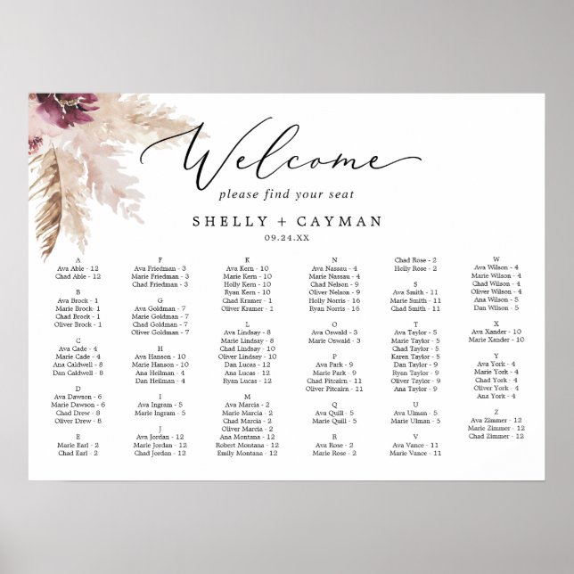 Boho Pampas Horizontal Alphabetical Seating Chart (Front)