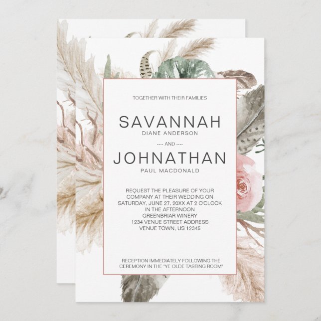 Boho Pampas, Monstera, Tropical Feathers Floral Invitation (Front/Back)