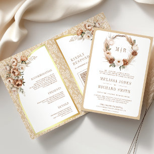 Boho Pampas Neutral Beige Earthy Floral Wedding Invitation