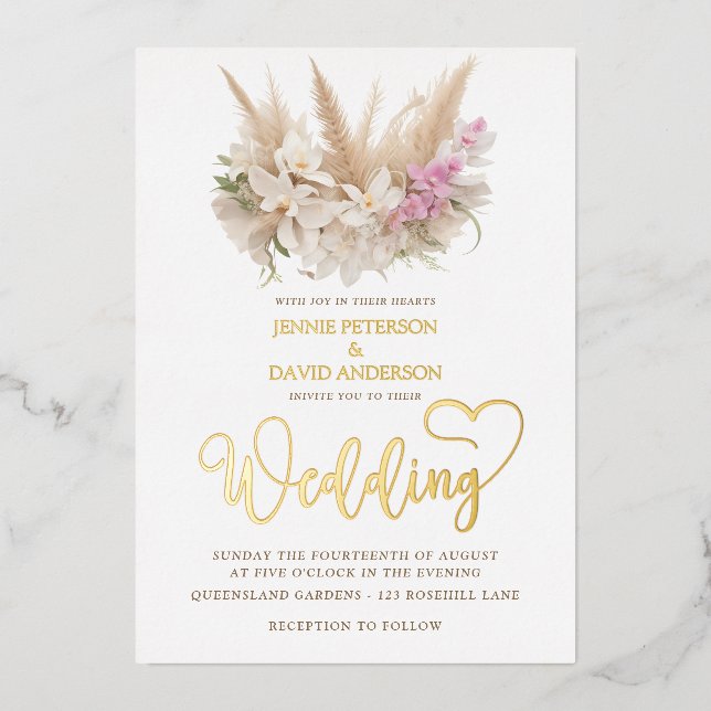 Boho Pampas & Orchid Wedding Invitation Foil (Front)