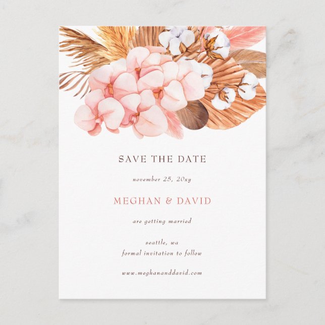 Boho Pampas Orchids Cotton Blush Save The Date Announcement Postcard (Front)