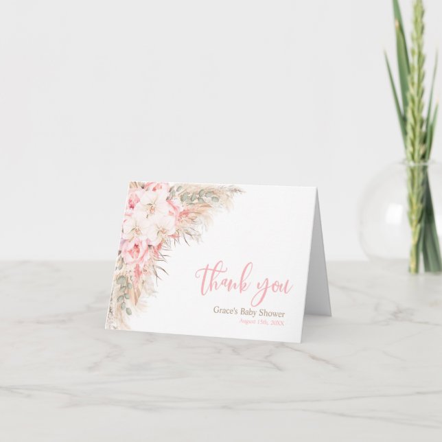 Boho Pampas Orchids Peonies Thank You Baby Shower Card (Front)