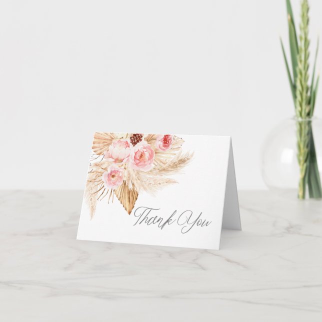Boho Pampas pink Floral baby Shower Thank You Card (Front)