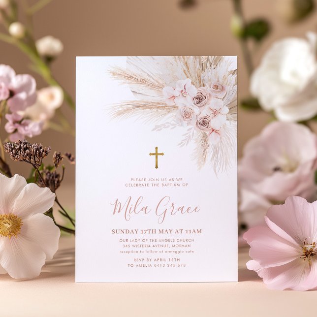 Boho Pampas Pink Girl Floral Baptism Christening   Invitation (Boho Floral Girls Baptism Invitation with faux gold cross and pink flowers)
