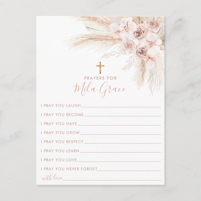 Boho Pampas Pink Girl Floral Baptism Prayer Card   (Front)