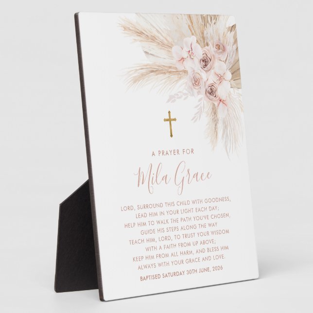 Boho Pampas Pink Girl Floral Baptism Prayer Sign   Plaque (Side)