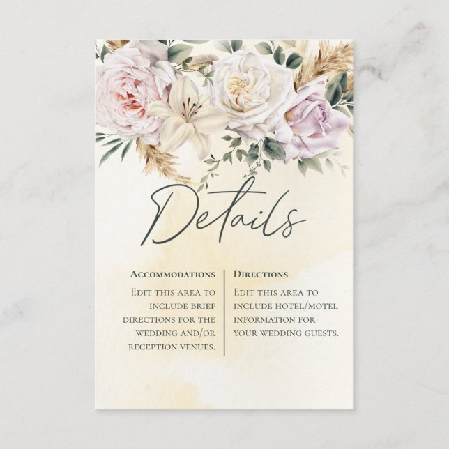 Boho Pampas & Pink Roses Cream Details Wedding Enclosure Card (Front)