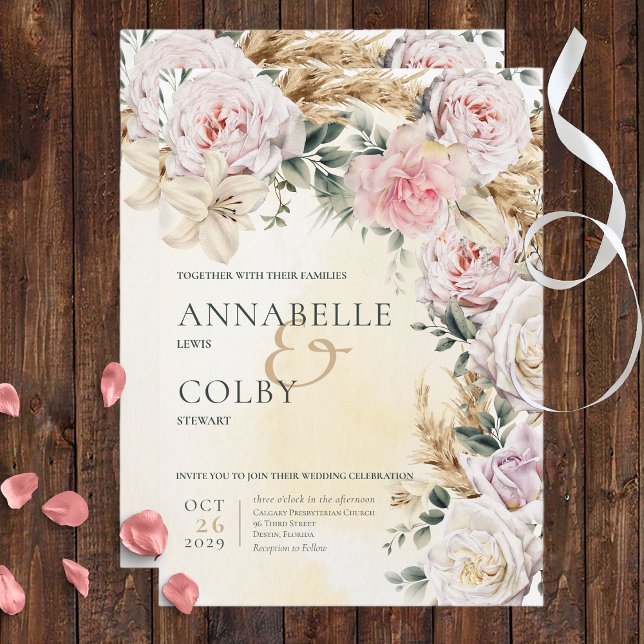 Boho Pampas & Pink Roses Cream Wedding Invitation (Creator Uploaded)