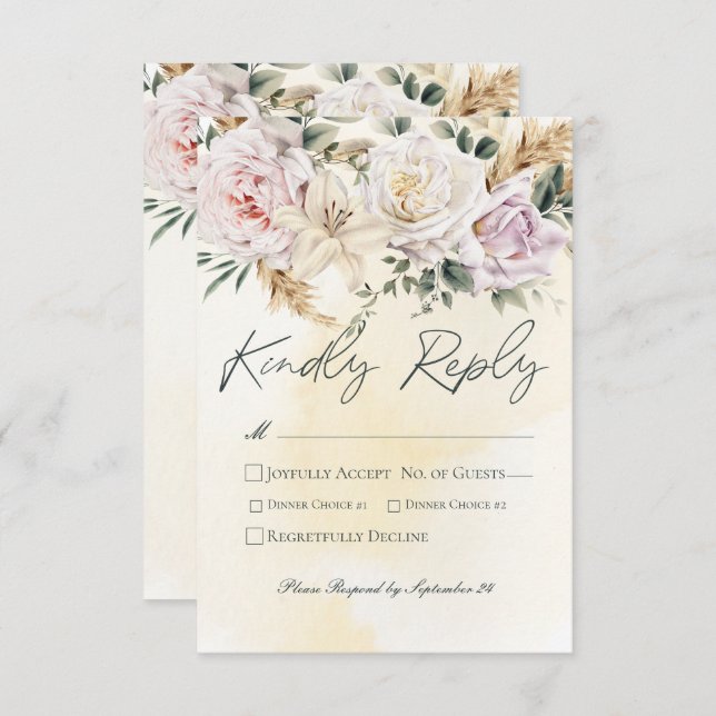 Boho Pampas & Pink Roses Cream Wedding RSVP Card (Front/Back)