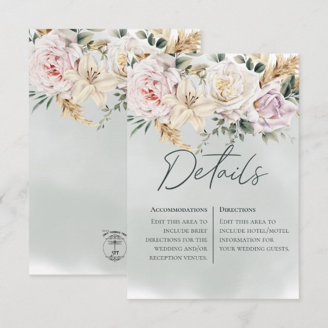 Boho Pampas & Pink Roses Green Details Card (Front/Back)