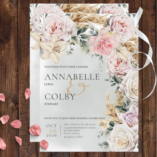 Boho Pampas & Pink Roses Green Wedding  Invitation (Creator Uploaded)