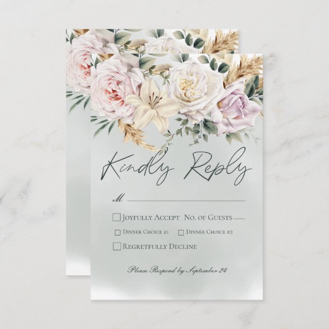 Boho Pampas & Pink Roses Green Wedding RSVP Card (Front/Back)