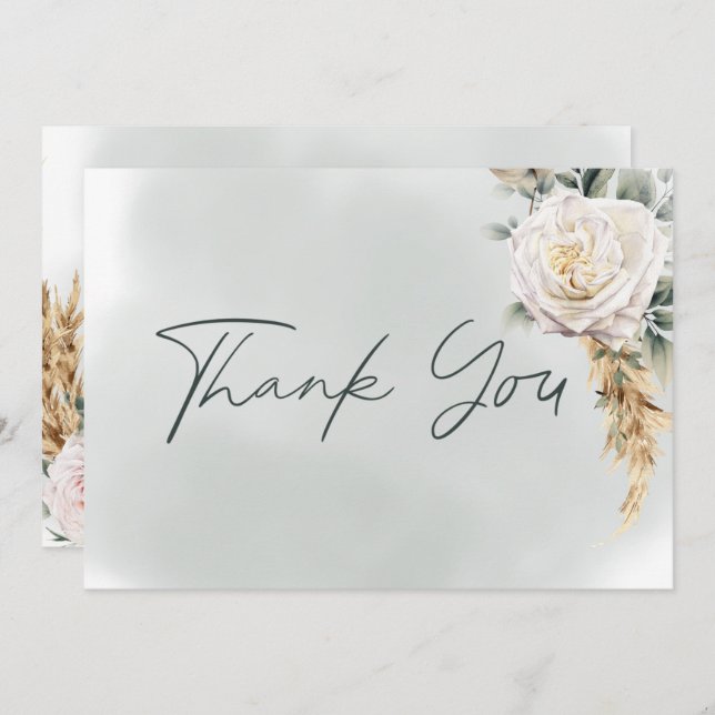 Boho Pampas & Pink Roses Green Wedding Thank You Card (Front/Back)
