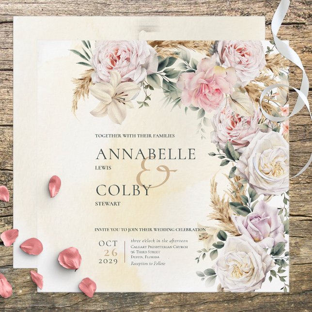Boho Pampas & Pink Roses Square Cream Wedding Invitation (Creator Uploaded)