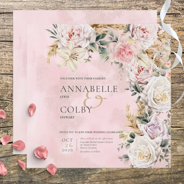 Boho Pampas & Pink Roses Square Wedding Invitation (Creator Uploaded)