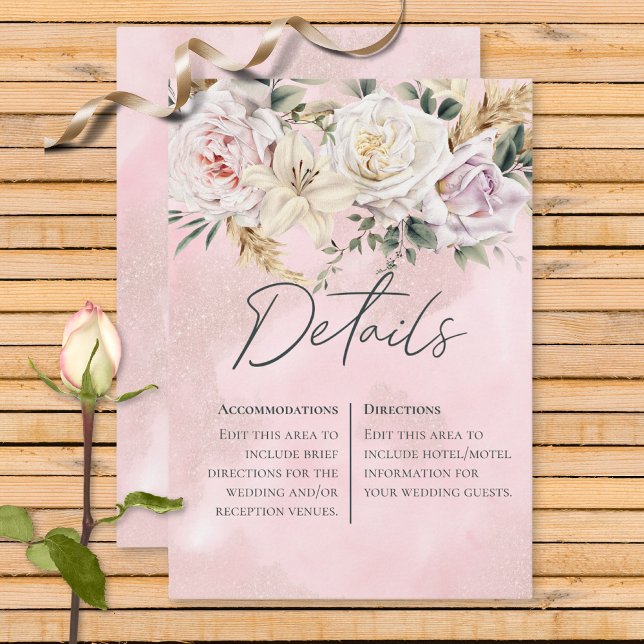 Boho Pampas & Pink Roses Wedding Details Enclosure Card (Creator Uploaded)