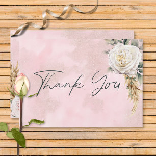 Boho Pampas & Pink Roses Wedding  Thank You Card