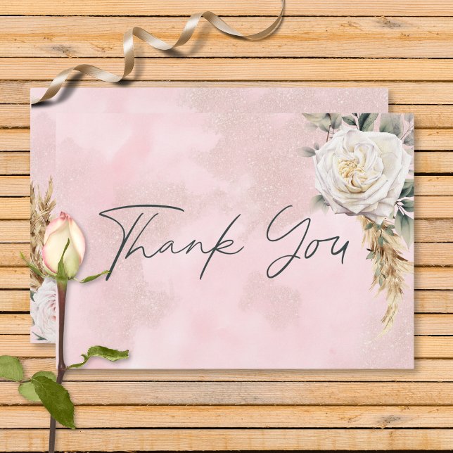 Boho Pampas & Pink Roses Wedding  Thank You Card (Creator Uploaded)