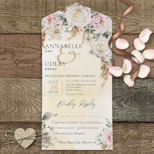 Boho Pampas & Pink Roses Yellow Dinner All In One Invitation