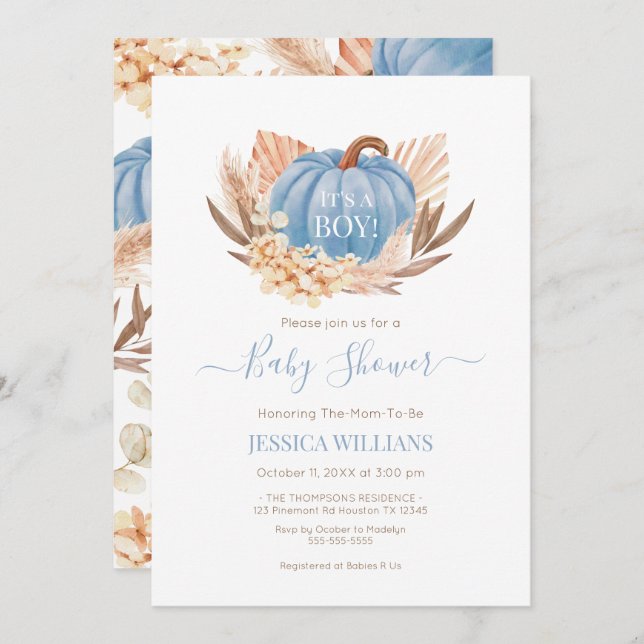 Boho Pampas Pumpkin blue baby shower Invitation (Front/Back)