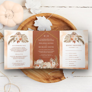 Boho Pampas Pumpkin Floral Terracotta Fall Wedding Tri-Fold Invitation