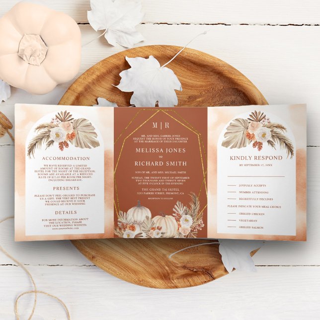 Boho Pampas Pumpkin Floral Terracotta Fall Wedding Tri-Fold Invitation (Creator Uploaded)
