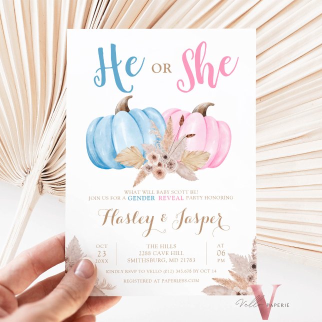 Boho Pampas Pumpkin Pink Blue Gender Reveal Party Invitation (Creator Uploaded)