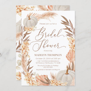 Boho Pampas Pumpkin White Bridal Shower Invitation