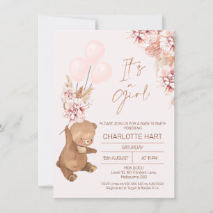 Boho Pampas Rose Gold Bear Balloons Baby Shower Invitation