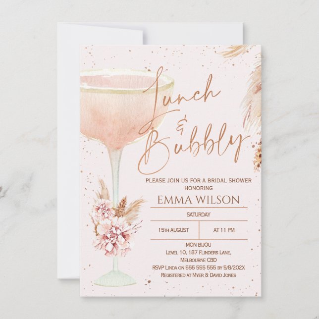 Boho Pampas Rose Gold Lunch Bubbly Bridal Shower Invitation (Front)