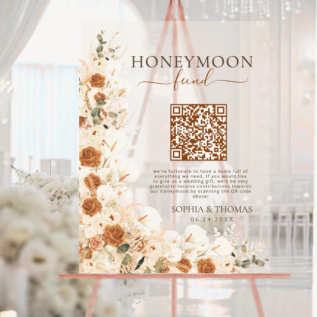 Boho Pampas Rose Watercolor Honeymoon Fund Wedding Acrylic Sign (Creator Uploaded)