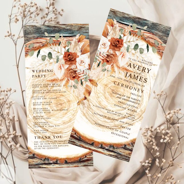 Boho Pampas Rustic Wood Slice Wedding Program  (Creator Uploaded)
