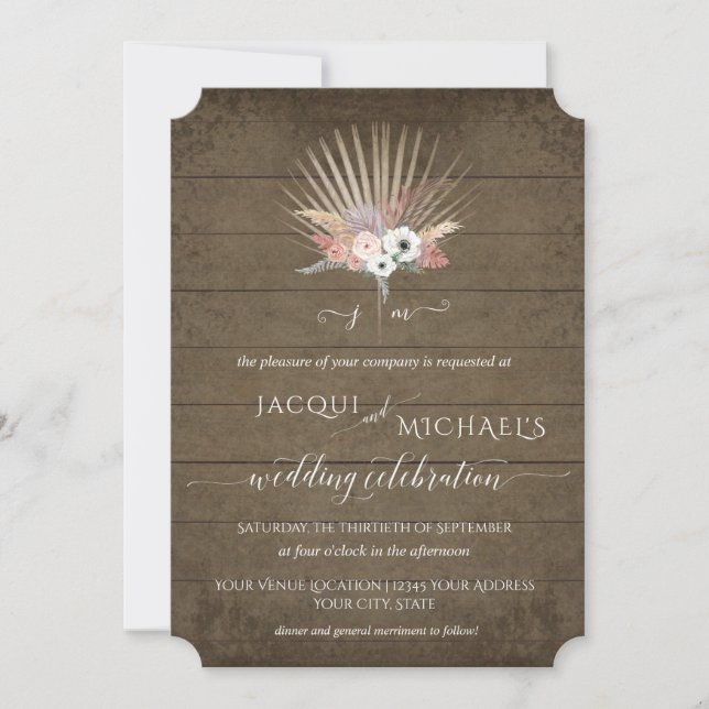 BOHO Pampas Rustic Wood White Floral Palm Tropical Invitation (Front)