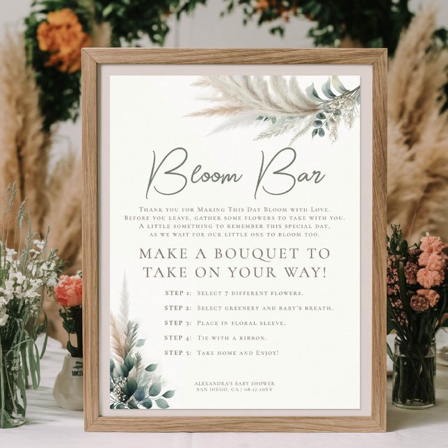 Boho Pampas Sage Green Baby Shower Bloom Bar Sign (baby shower flower bar sign make your own bouquet pampas grass greenery boho chic)