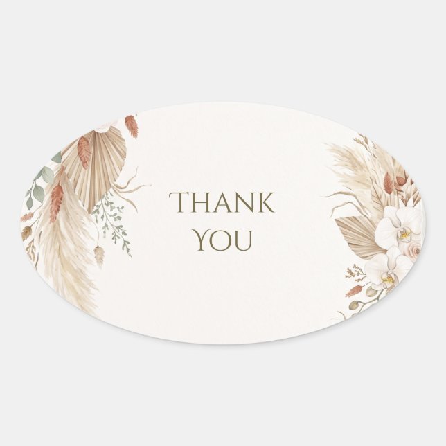 Boho Pampas Seashell Wedding Thank You Oval Sticker (Front)