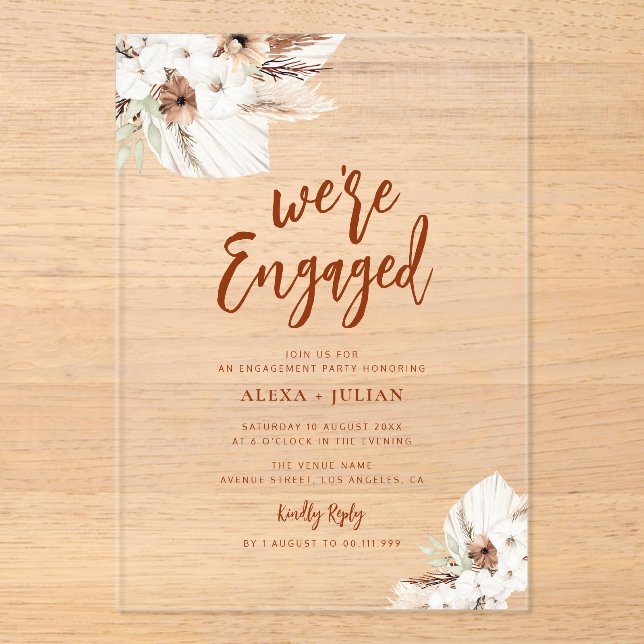 boho pampas terracotta engagement acrylic invitations (Front)