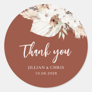 boho pampas terracotta floral wedding classic roun round sticker