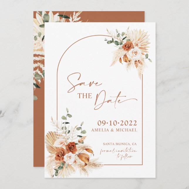 Boho Pampas Terracotta Rust Save The Date LEYLA Invitation (Front/Back)