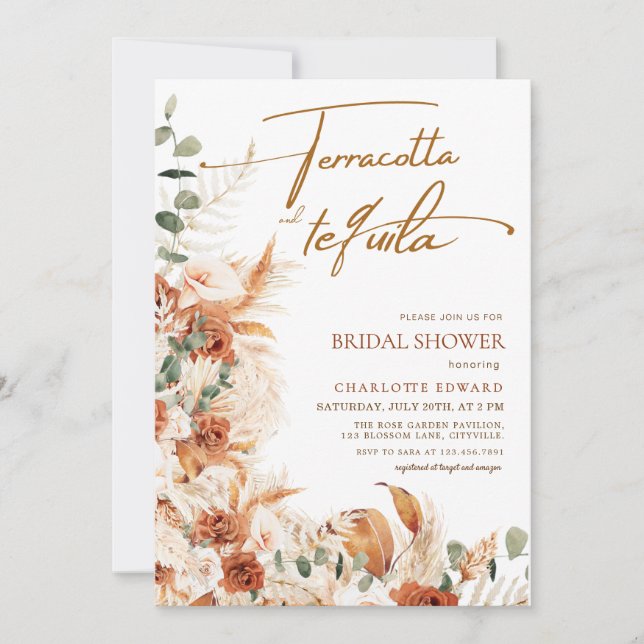 Boho Pampas Terracotta & Tequila Bridal Shower Invitation (Front)