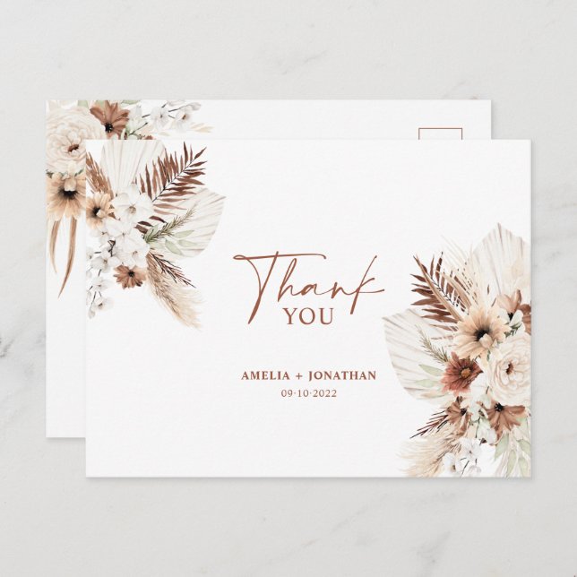 Boho Pampas Terracotta Wedding Thank You Postcard (Front/Back)