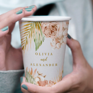 Boho Pampas Tropical Dried Flowers Wedding Paper Cups